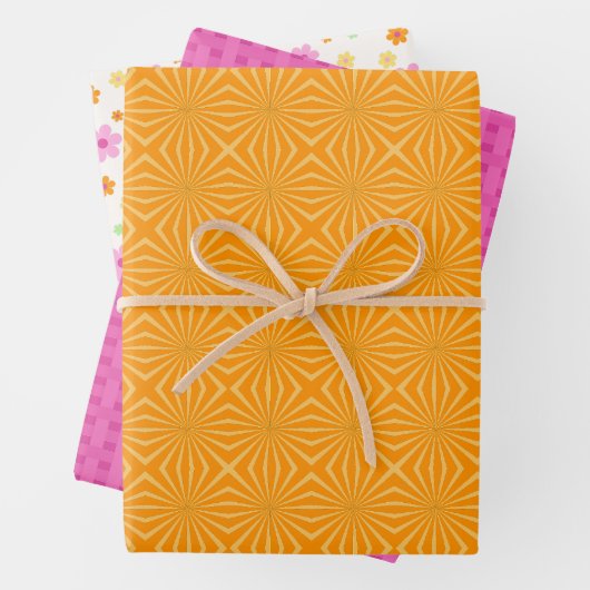 Oranje & Roze Strepen Kleurrijke Bloemenvibrant Inpakpapier Vel (In situ)