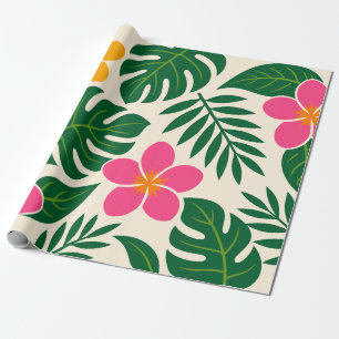 Oranje & Roze Tropische Bloemen met Groene Bladere Cadeaupapier