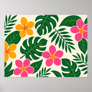 Oranje & Roze Tropische Bloemen met Groene Bladere Poster