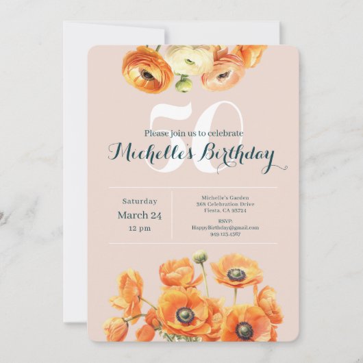 Oranje Roze Tuin Bloemen 50ste Verjaardagsfeest Kaart (Voorkant)