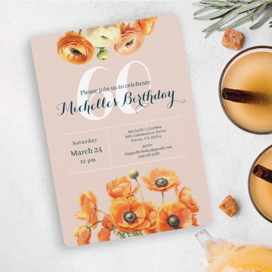 Oranje Roze Tuin Bloemen 60ste Verjaardagsfeest Kaart