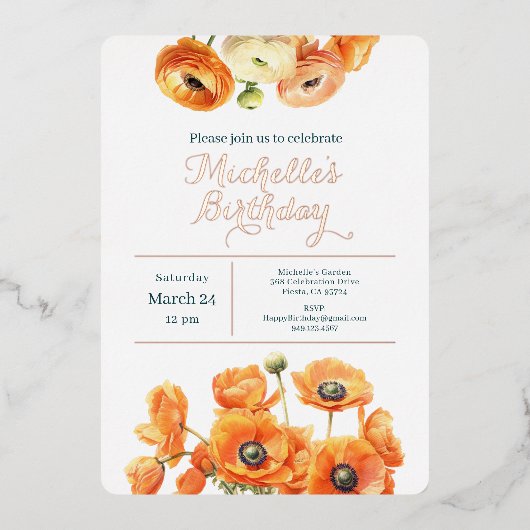 Oranje Roze Tuin Bloemen Verjaardagsfeest Roos Gou Folie Uitnodiging (Voorkant)
