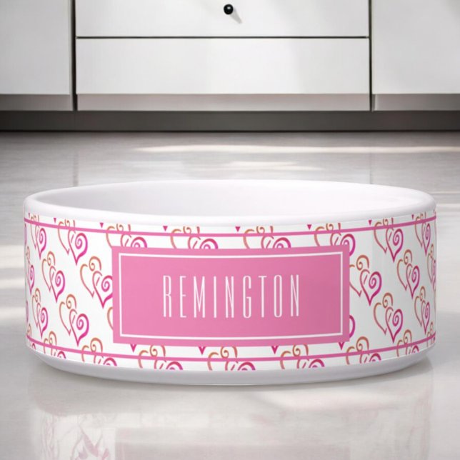 Oranje Roze Twee Verbonden Hart Patroon Aangepast Voerbakje (custom pet bowl front pink linked hearts)