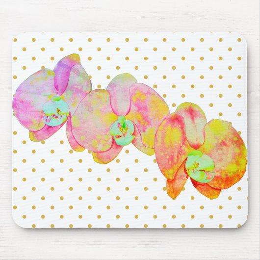 Oranje roze waterverf orchideeën polka dots muismat (Voorkant)