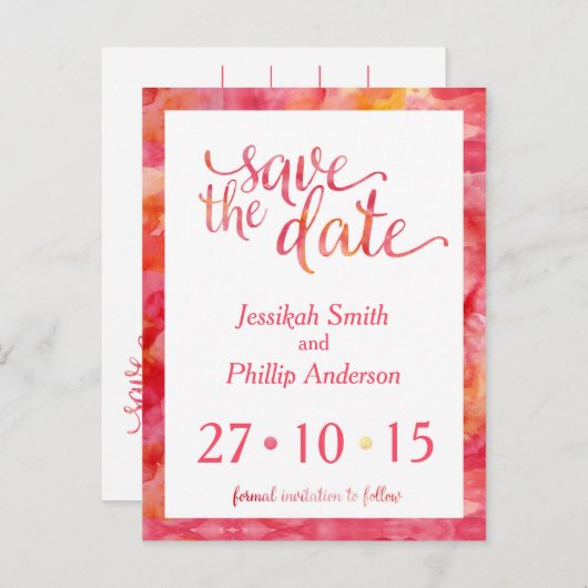 Oranje roze Waterverf sparen de Datum Aankondigingskaart (Voorkant / Achterkant)