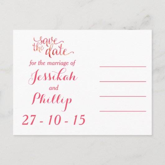Oranje roze Waterverf sparen de Datum Aankondigingskaart (Achterkant)