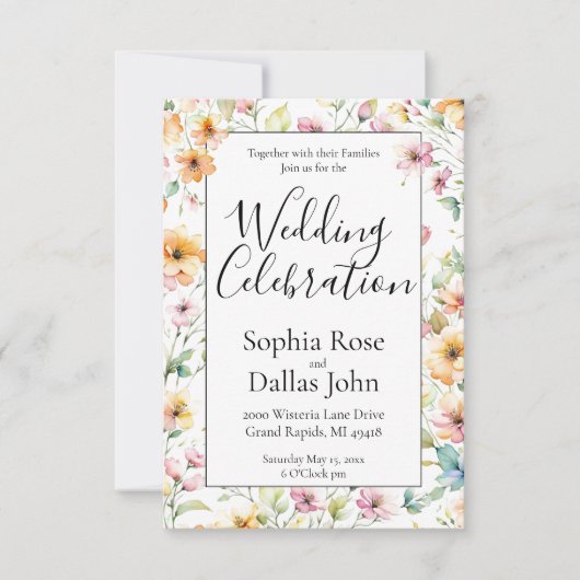  Oranje Roze Waterverf Wildflowers bruiloft Kaart (Voorkant)