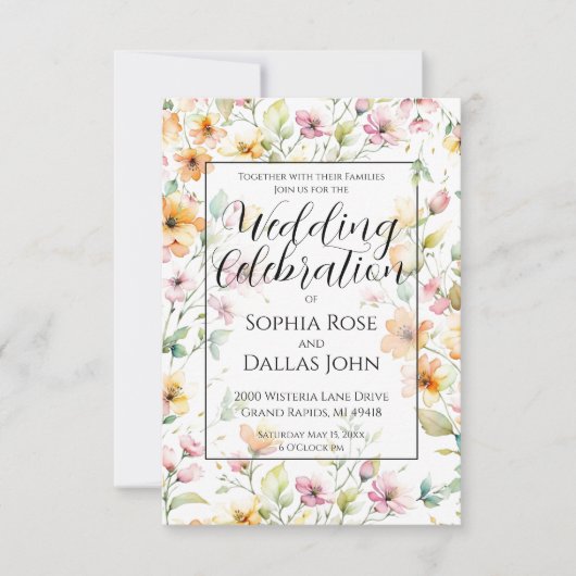  Oranje Roze Waterverf Wildflowers bruiloft Kaart (Voorkant)