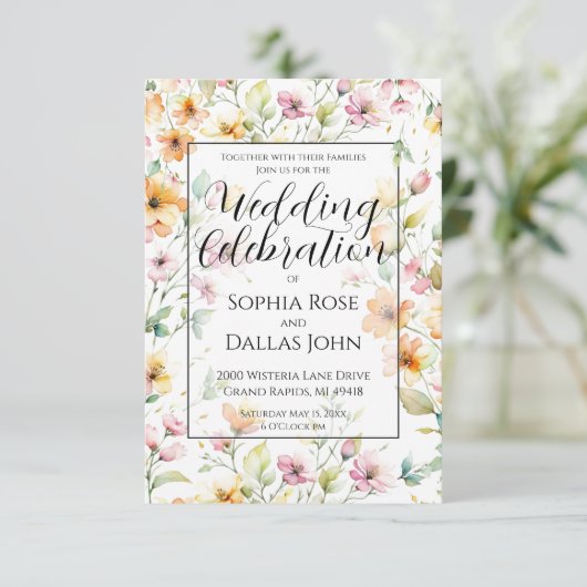  Oranje Roze Waterverf Wildflowers bruiloft Kaart (Staand voorkant)