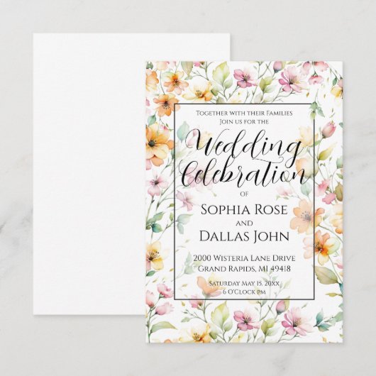  Oranje Roze Waterverf Wildflowers bruiloft Kaart (Voorkant / Achterkant)