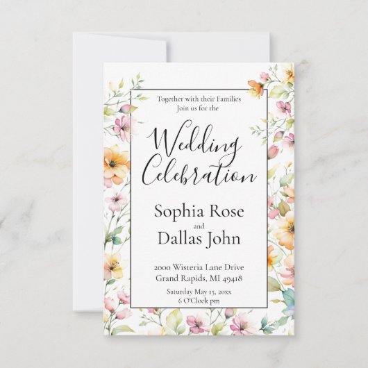  Oranje Roze Waterverf Wildflowers Wedding Kaart (Voorkant)