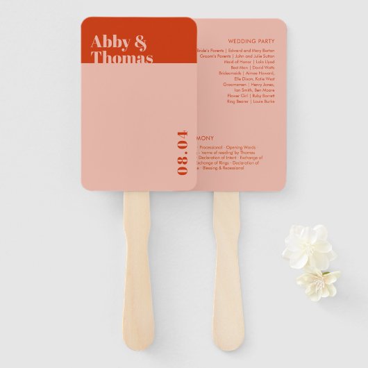 Oranje roze weddenschapsprogramma met een  minimal handwaaier (Voorkant en achterkant)