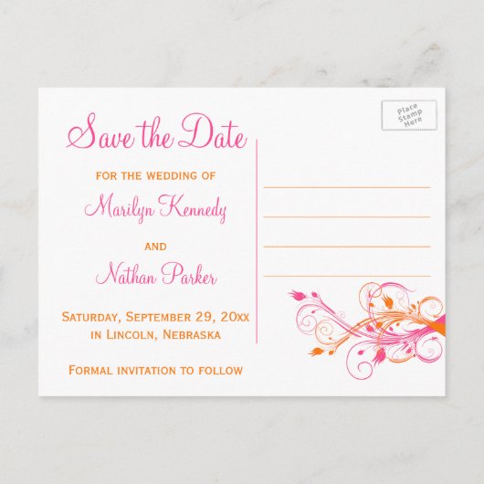 Oranje Roze Witte Bloemen Save the Date Post Kaart (Achterkant)