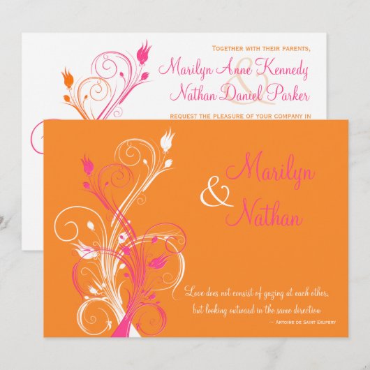 Oranje-roze-witte Floral bruiloft uitnodiging (Voorkant / Achterkant)