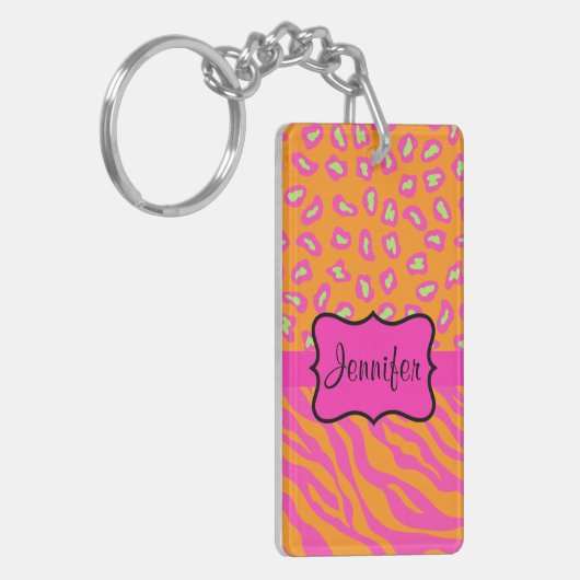 Oranje & Roze Zebra & Cheetah Gepersonaliseerd Sleutelhanger (Voorkant Links)