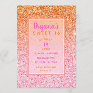 Oranje Roze Zonsondergang Glitter Sweet 16 Verjaar Kaart