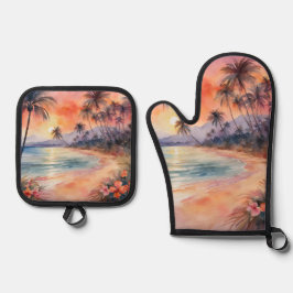 Oranje Roze Zonsondergang Tropische Strandpalmbome Ovenwant & Pannenlap Set
