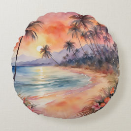 Oranje Roze Zonsondergang Tropische Strandpalmbome Rond Kussen