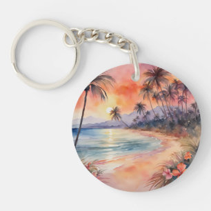 Oranje Roze Zonsondergang Tropische Strandpalmbome Sleutelhanger
