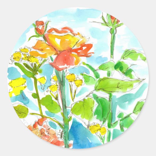 Oranje Rozen Gele Wildbloemen Ronde Sticker (Voorkant)