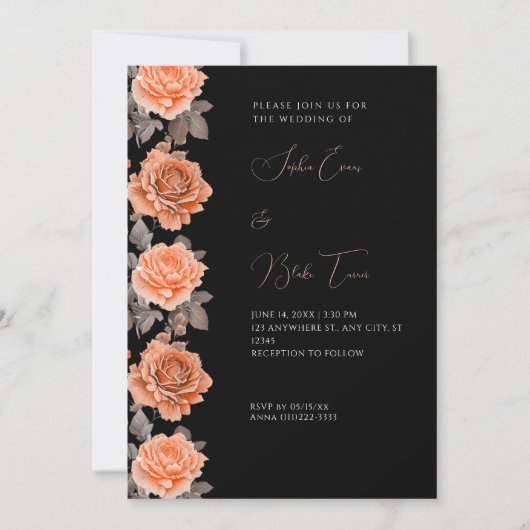 Oranje Rozen Modern Herfst Black Wedding Kaart (Voorkant)