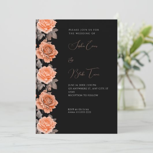 Oranje Rozen Modern Herfst Black Wedding Kaart (Staand voorkant)