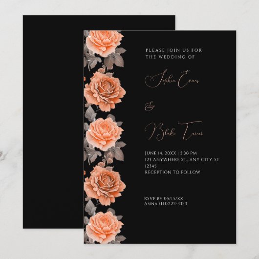 Oranje Rozen Modern Herfst Black Wedding Kaart (Voorkant / Achterkant)