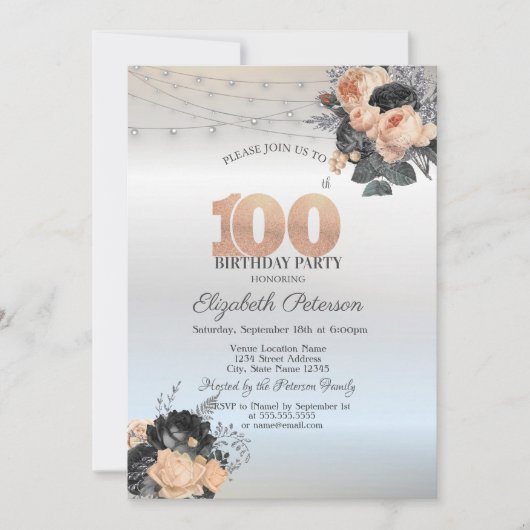 Oranje Rozen String Lights Zilver 100ste Verjaarda Kaart (Voorkant)