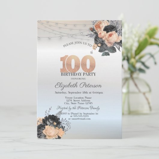 Oranje Rozen String Lights Zilver 100ste Verjaarda Kaart (Staand voorkant)