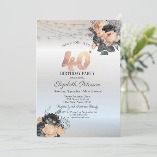 Oranje Rozen String Lights Zilver 40e Verjaardag Kaart (Staand voorkant)