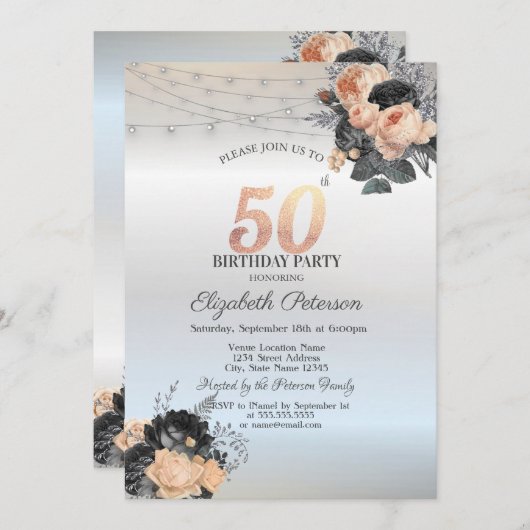 Oranje Rozen String Lights Zilver 50ste Verjaardag Kaart (Voorkant / Achterkant)