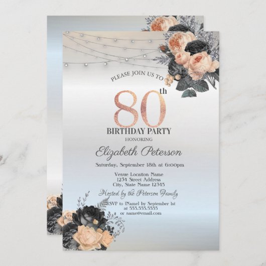 Oranje Rozen String Lights Zilver 80ste Verjaardag Kaart (Voorkant / Achterkant)