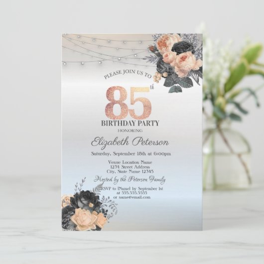 Oranje Rozen String Lights Zilver 85e Verjaardag Kaart (Staand voorkant)