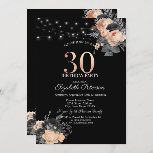 Oranje Rozen String Lights Zwart 30e Verjaardag Kaart (Voorkant / Achterkant)