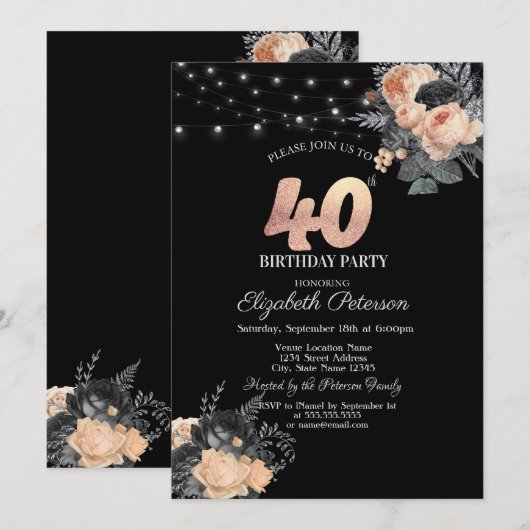 Oranje Rozen String Lights Zwart 40e Verjaardag Kaart (Voorkant / Achterkant)