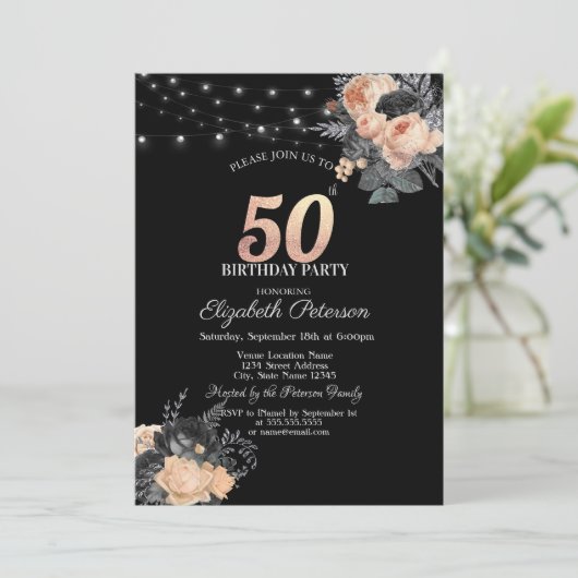 Oranje Rozen String Lights Zwart 50e Verjaardag Kaart (Staand voorkant)