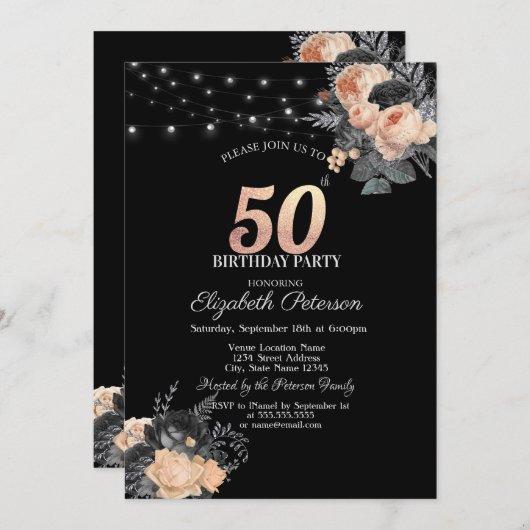 Oranje Rozen String Lights Zwart 50e Verjaardag Kaart (Voorkant / Achterkant)