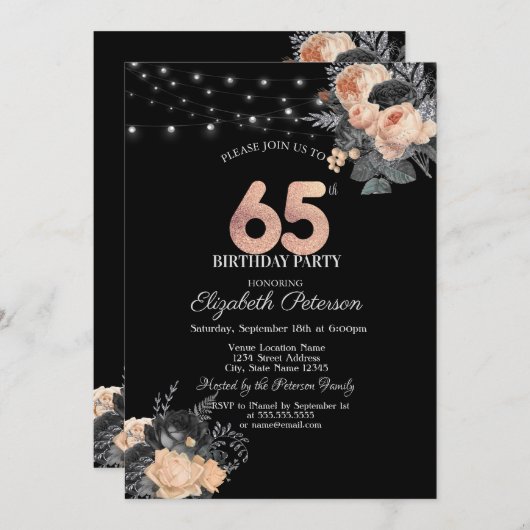 Oranje Rozen String Lights Zwart 65th Verjaardag Kaart (Voorkant / Achterkant)