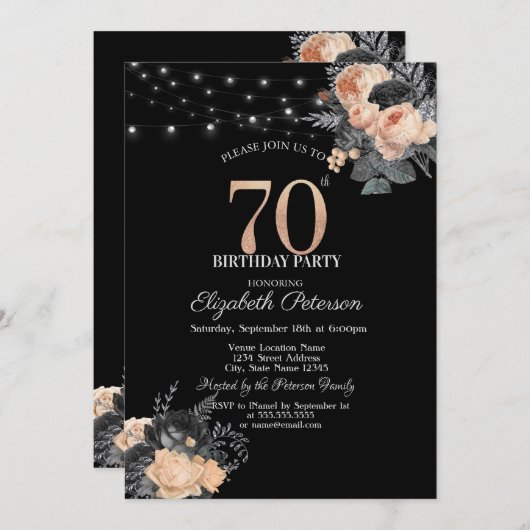 Oranje Rozen String Lights Zwart 70e Verjaardag Kaart (Voorkant / Achterkant)