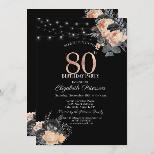 Oranje Rozen String Lights Zwart 80ste Verjaardag Kaart (Voorkant / Achterkant)