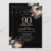 Oranje Rozen String Lights Zwart 90ste Verjaardag Kaart (Voorkant / Achterkant)