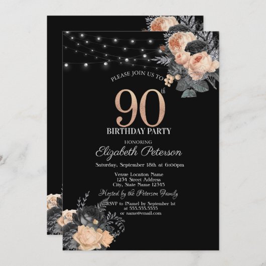 Oranje Rozen String Lights Zwart 90ste Verjaardag Kaart (Voorkant / Achterkant)