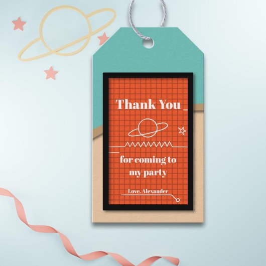 Oranje ruimteschemisch scherm Dank u wel Cadeaulabel