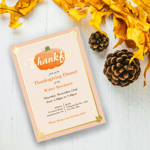 Oranje ruitjes Thanksgiving & Friendsgiving Folie Uitnodiging