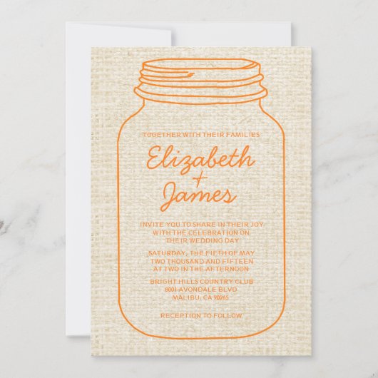 Oranje Rustic Burlap Mason Jar Wedding Invitations Kaart (Voorkant)