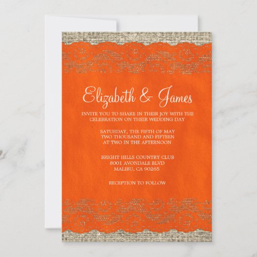 Oranje Rustic Lace Wedding Invitations Kaart (Voorkant)