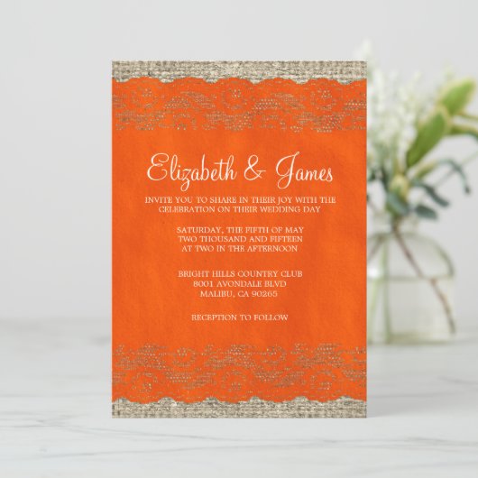 Oranje Rustic Lace Wedding Invitations Kaart (Staand voorkant)