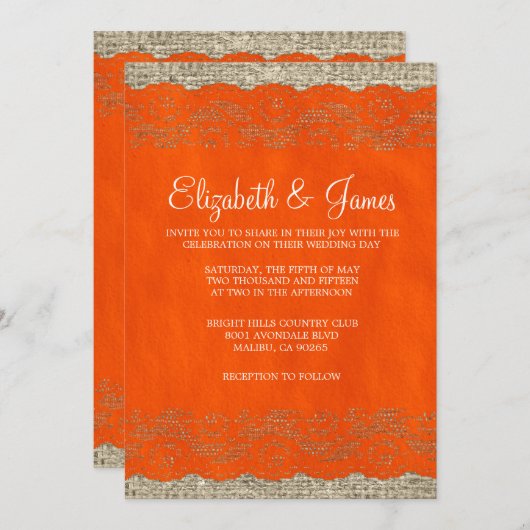 Oranje Rustic Lace Wedding Invitations Kaart (Voorkant / Achterkant)