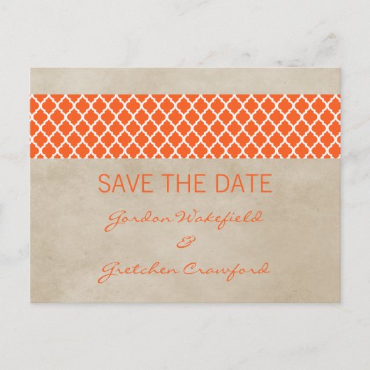 Oranje Rustic Quatrefoil Sparen het Briefkaart van (Voorkant)