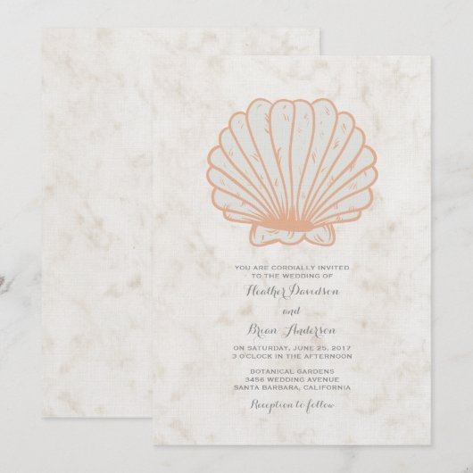 Oranje Rustic Seashell Wedding Invite Kaart (Voorkant / Achterkant)